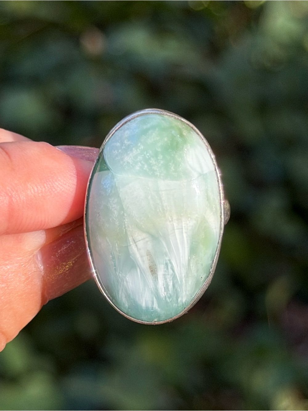 925 Silver Plated Handmade Oval Seafoam Green Hememorphite Stone Ring